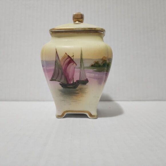 Antique or Vintage Nippon Small Porcelain Potpourri Jar with Lid Sailboat Scene - Picture 2 of 9